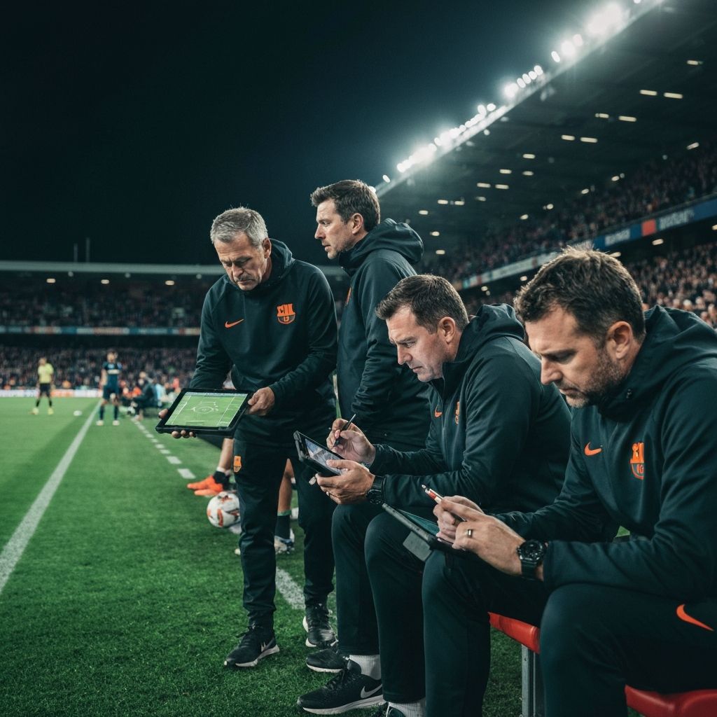 Professional coaching staff analyzing during match